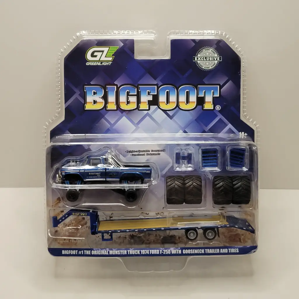 Greenlight - Bigfoot #1 The Original Monster Truck 1974 Ford F-250 with Gooseneck Trailer & Tires 1/64